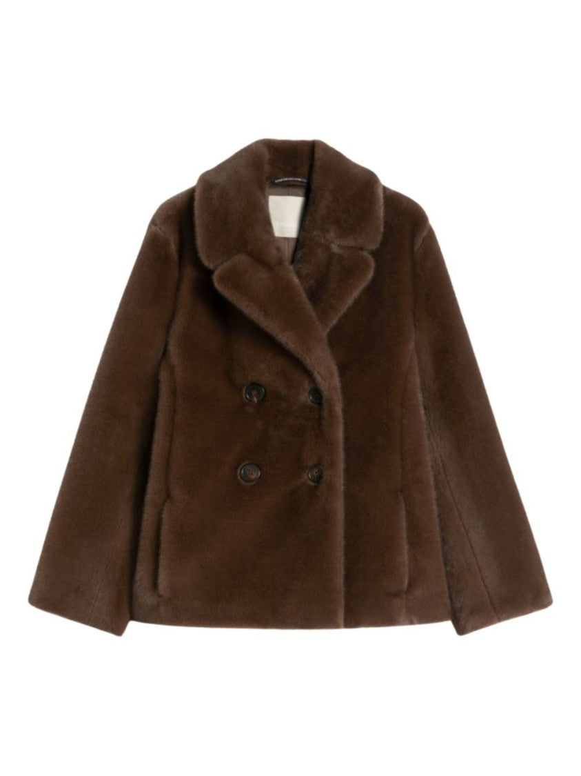Max Mara Double-Breasted Brown Plush Coat With Wide Lapel