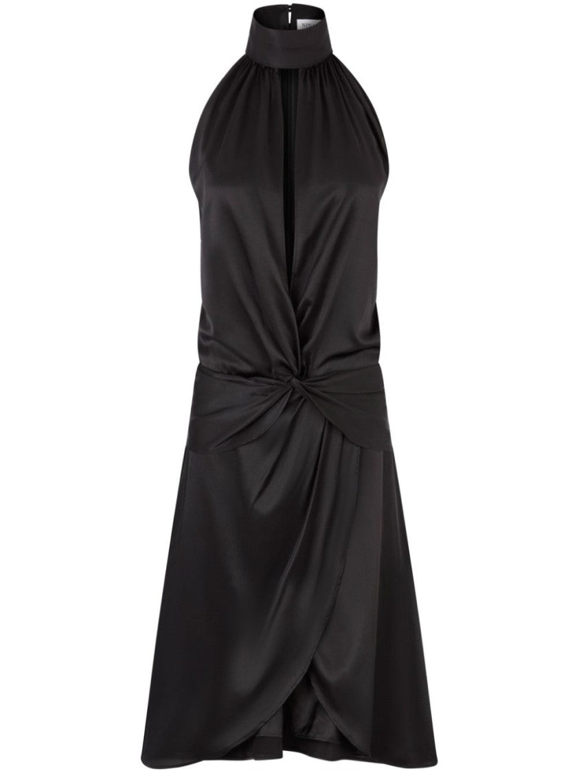 Nina Ricci Black Halterneck Ruched Satin Knee Dress