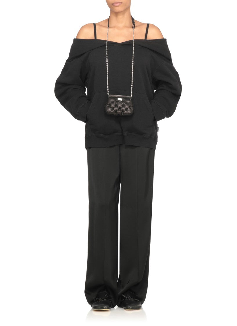 Mm6 By Maison Margiela Off-Shoulder Black Cotton Hoodie With Front Kangaroo Pocket