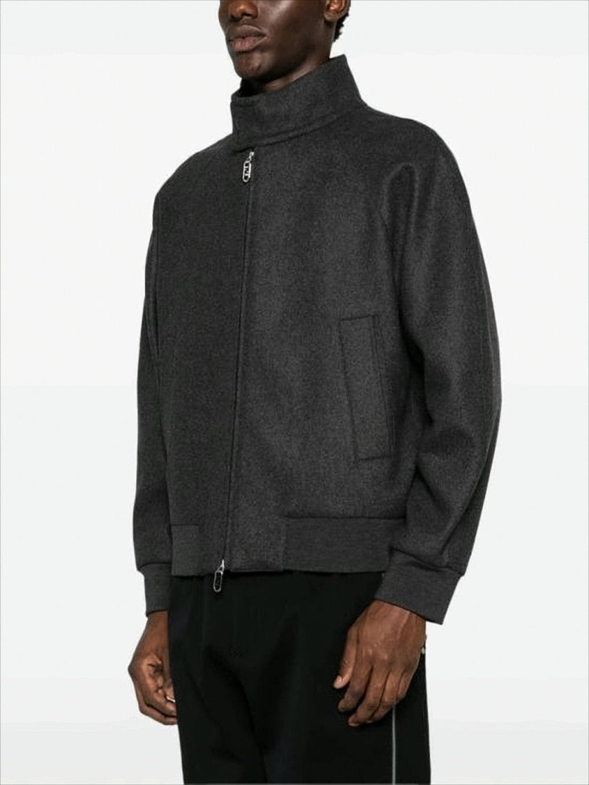 Fendi High Collar Grey Bomber Jacket With Ribbed Details
