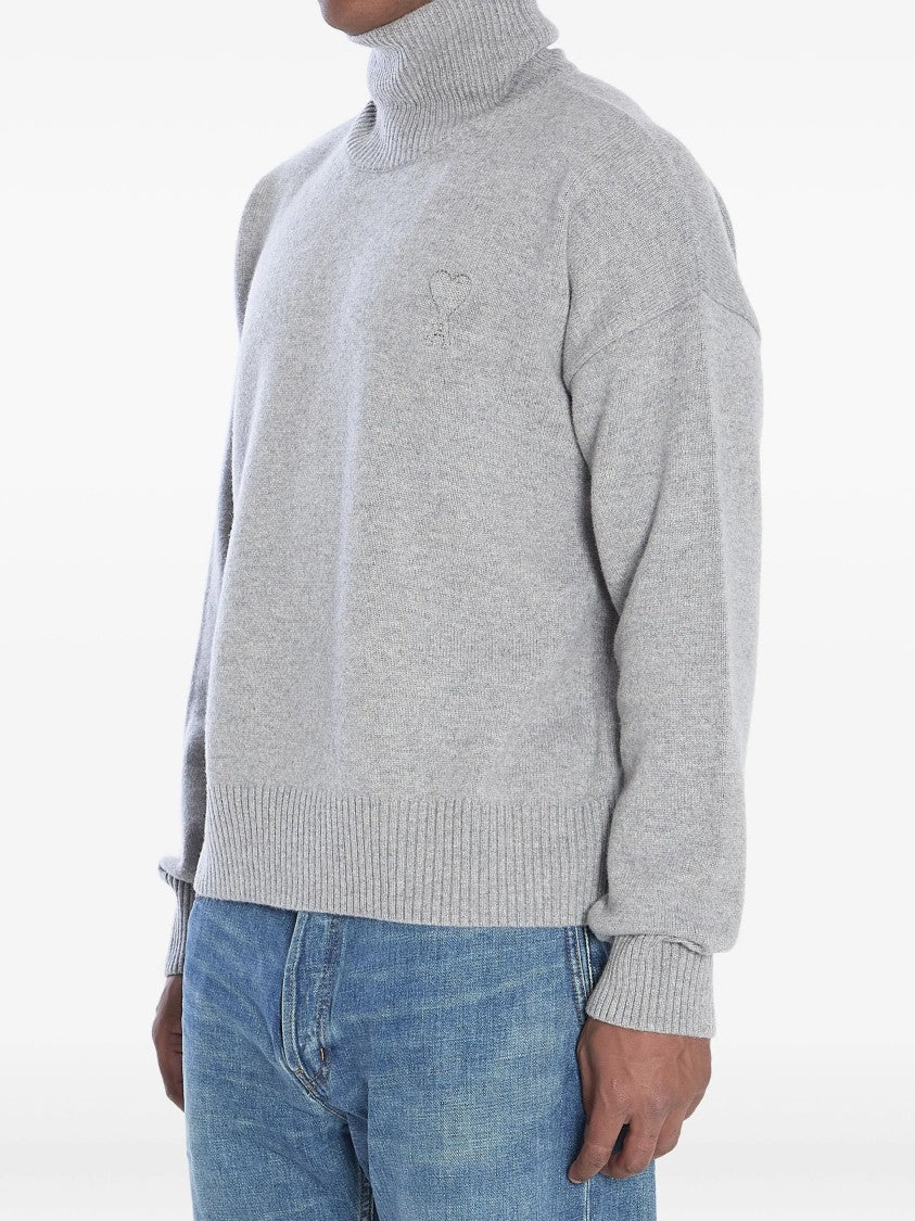 Ami Grey Turtleneck Sweater With Ribbed Detailing