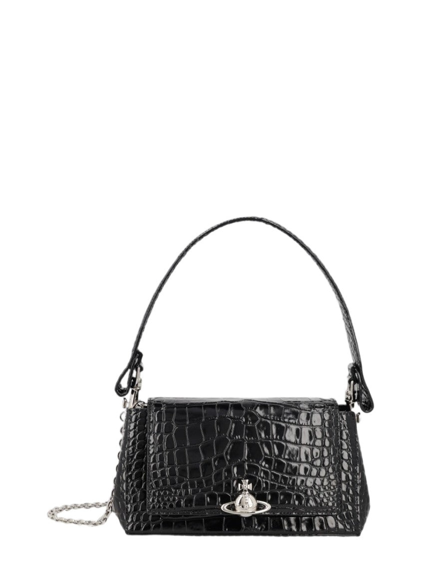 Vivienne Westwood Black Crocodile-Embossed Silver Emblem Leather Handbag