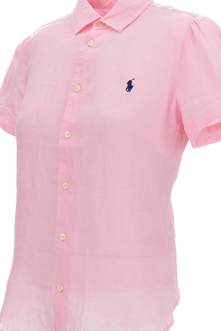Polo Ralph Lauren Cropped Pink Linen Shirt With Front Button Fastening