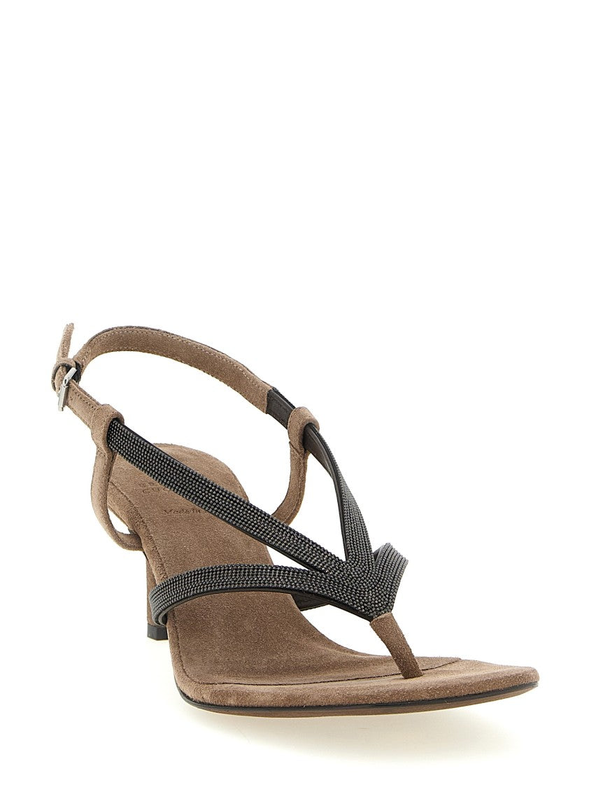 Brunello Cucinelli Suede Sandals With Monile Detail And Adjustable Strap