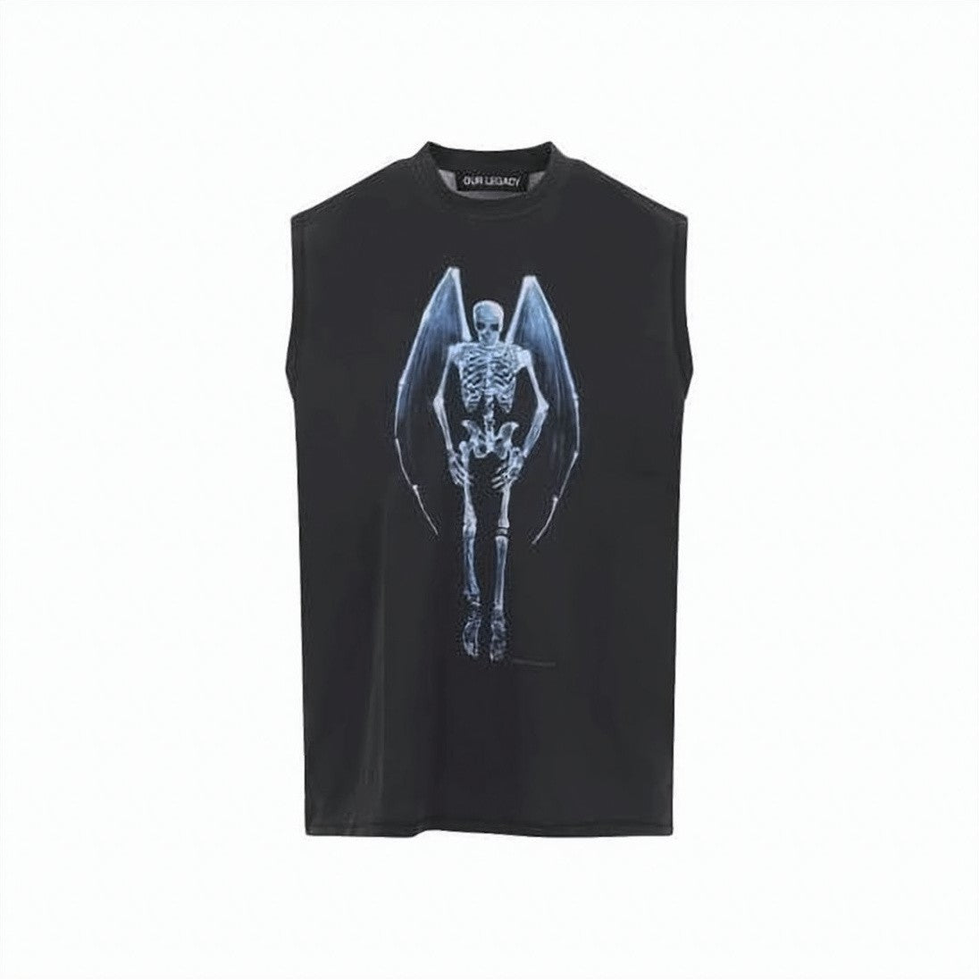 Our Legacy Sleeveless Black Top With Winged Skeleton Graphic