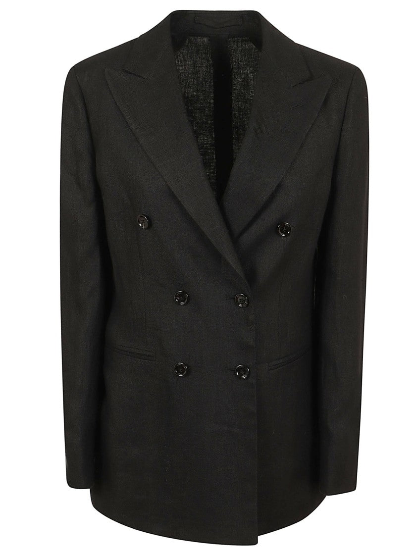 Lardini Double-Breasted Black Linen Blazer With Peak Lapels