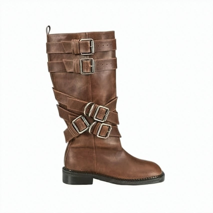 Andersson Bell Mid-Calf Brown Leather Boot With Wide Straps And Silver Buckles