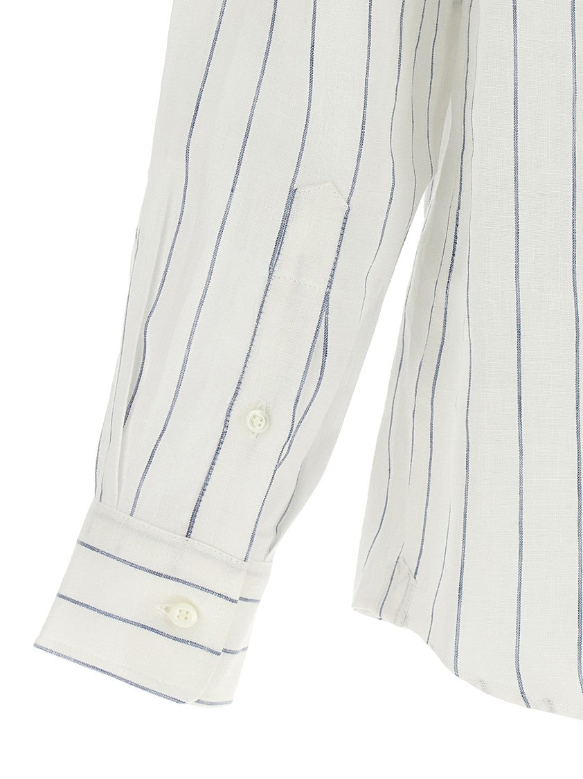 Brunello Cucinelli Vertical Stripe Linen Shirt With Cuffed Sleeves