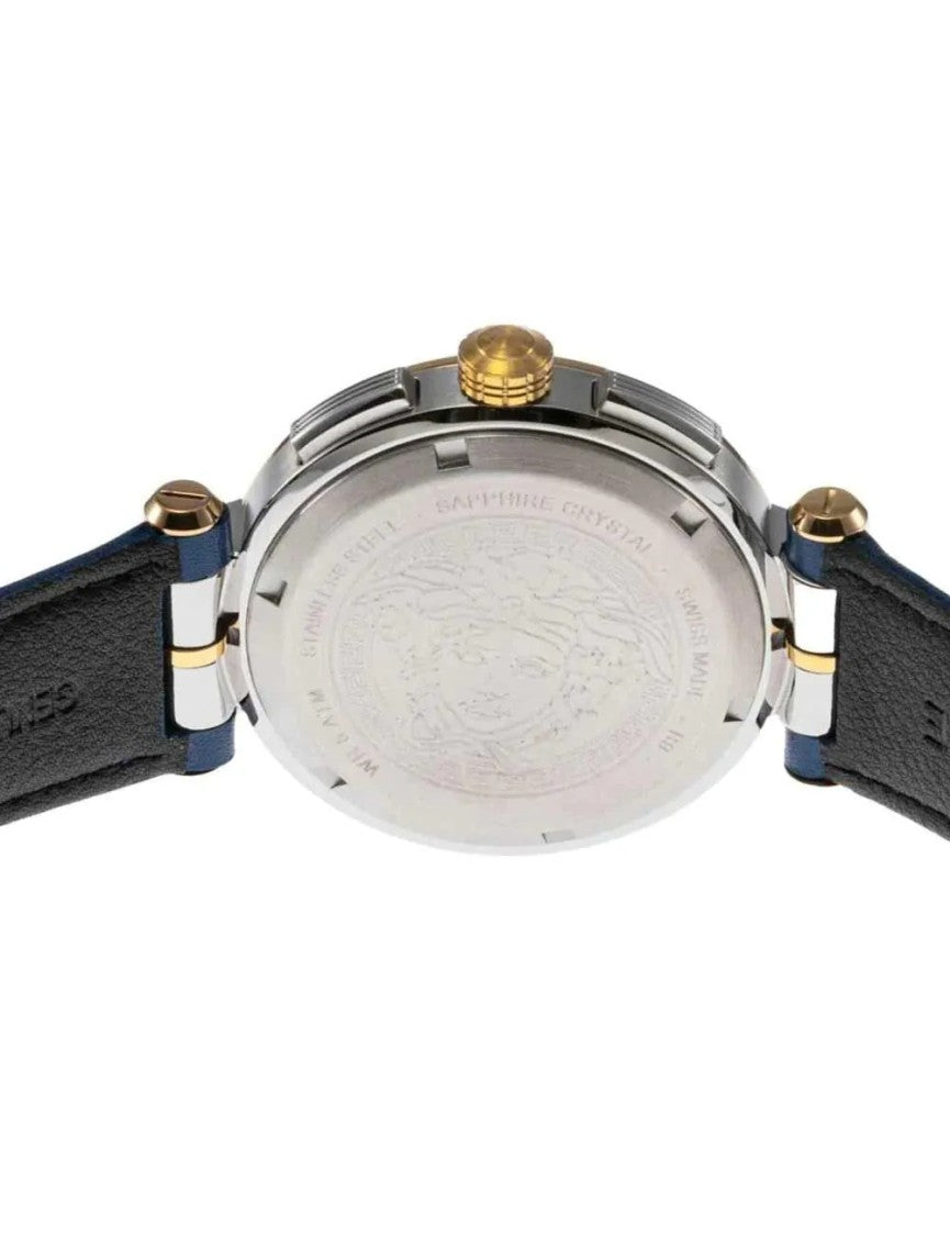 Versace Chronograph Watch With Blue Dial And Leather Strap