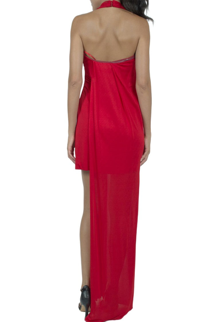 Blumarine Red Draped Asymmetric Jewelled Viscose Evening Dress