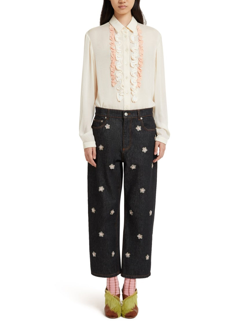 Marni Wide-Leg Black Ovine Leather Trousers With Floral Appliqués
