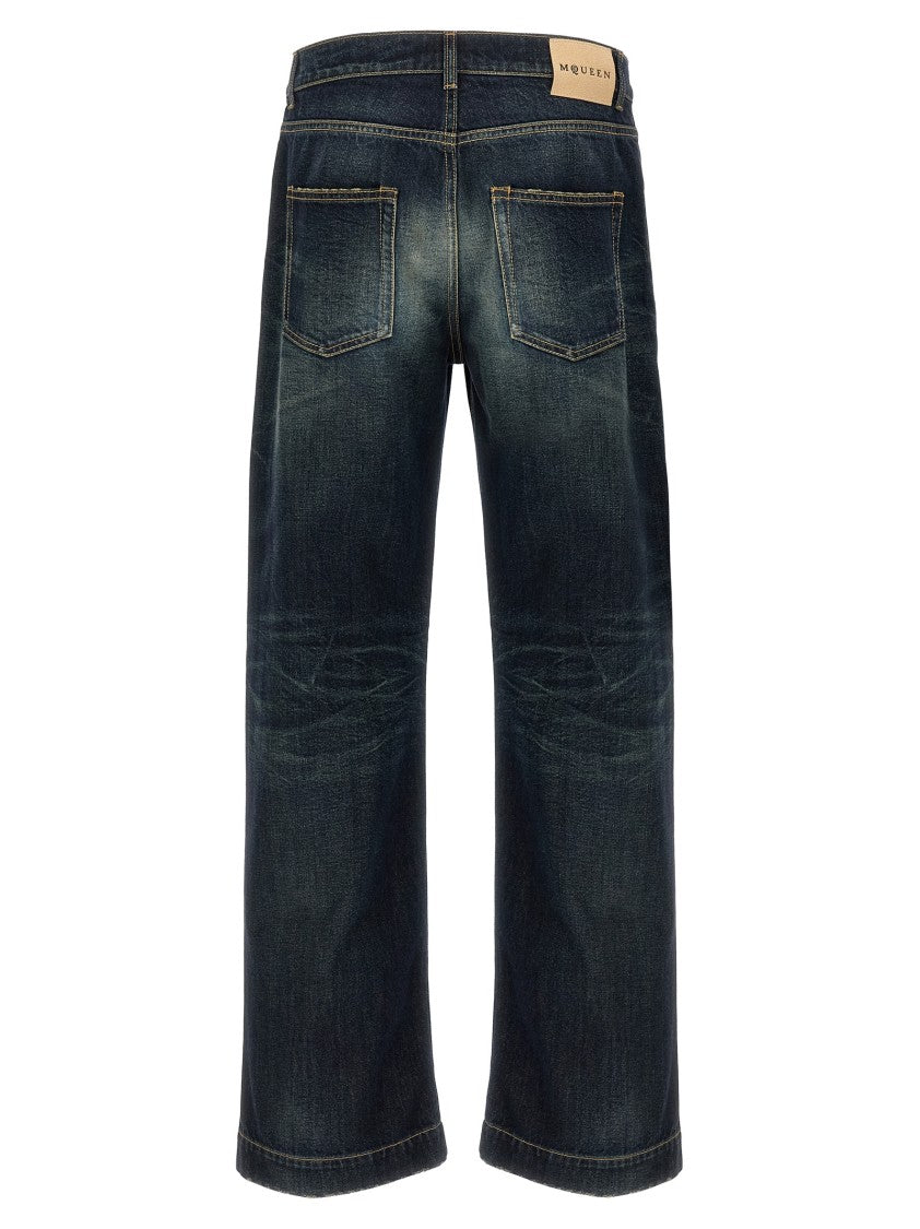 Mcqueen Stonewashed Five-Pocket Wide Leg Denim Jeans