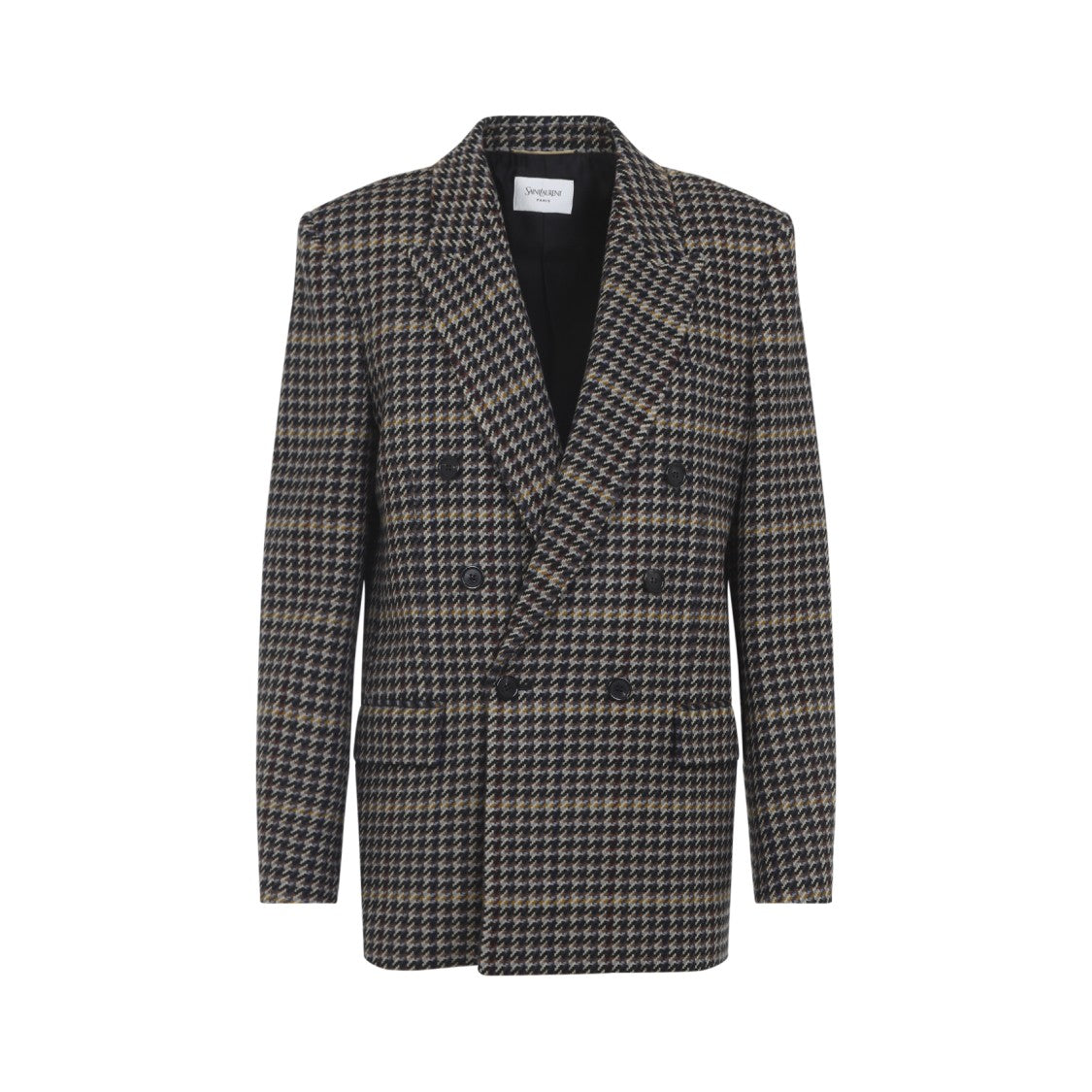 Saint Laurent Double-Breasted Houndstooth Blazer With Wide Lapels And Flap Pockets