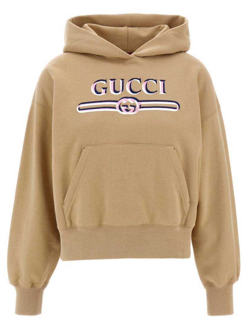 Gucci Cropped Fleece Cotton Hoodie With Embroidered Logo