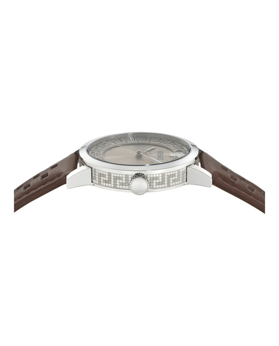 Versace Oval Brown Calf Leather Watch With Greek Key Detailing