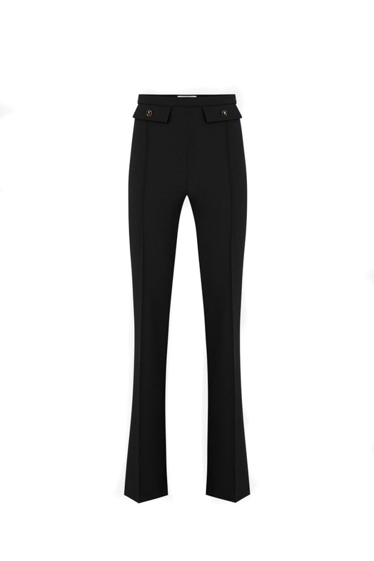 Elisabetta Franchi Black Double-Crepe Flap Pocket Polyester-Blend Wide-Leg Pants