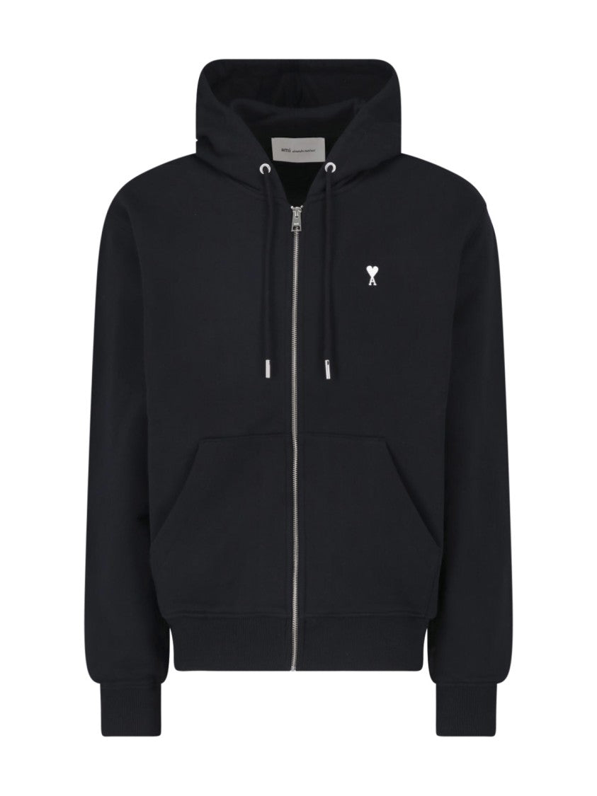 Ami Paris Zip-Up Hoodie With Embroidered Logo And Drawstring Hood