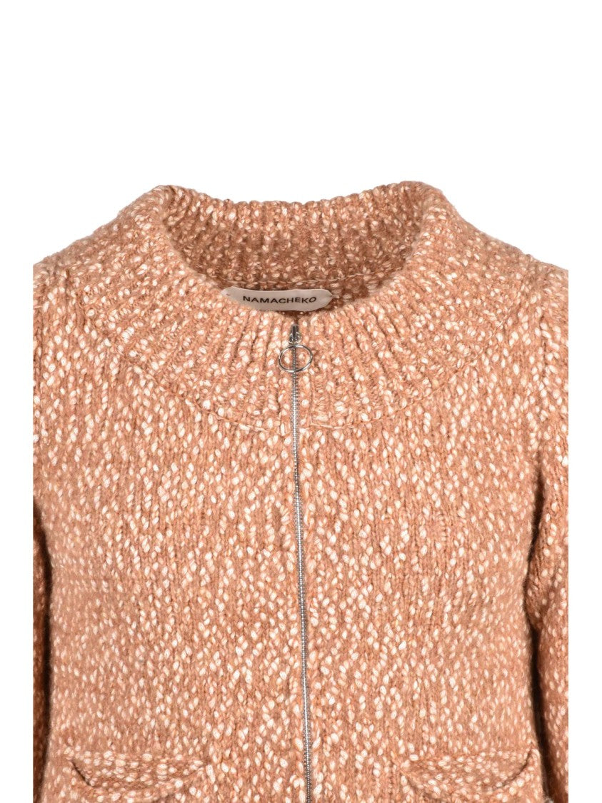 Namacheko Brown Textured Knit Zip Crewneck Wool-Blend Cardigan