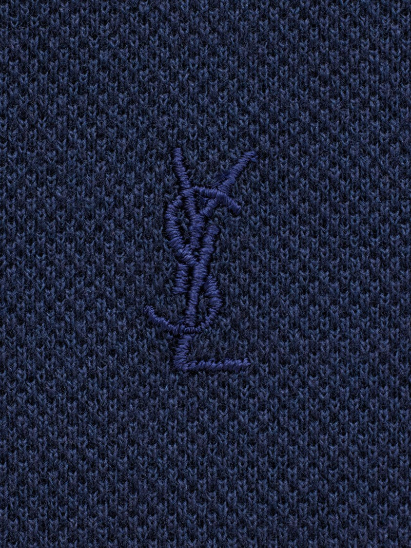Saint Laurent Short-Sleeve Cassandre Polo With Tonal Embroidery And Asymmetrical Hem