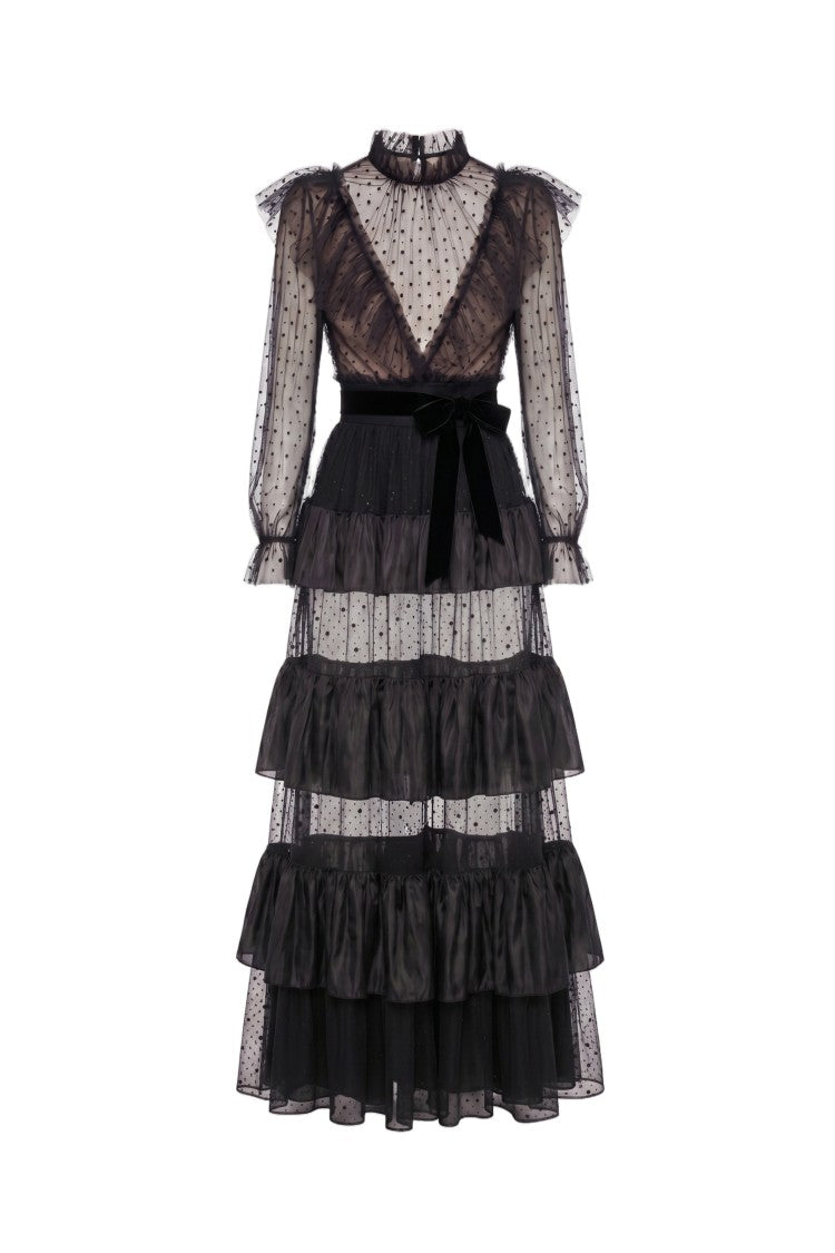 Saiid Kobeisy Tiered Dotted Tulle Dress With Velvet Bow Accents