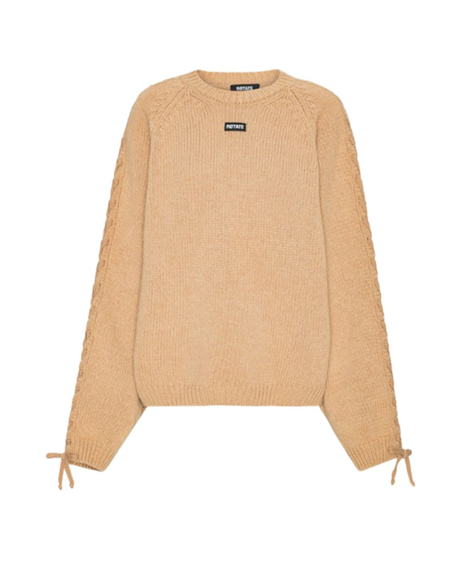 Rotate Round Neck Knit Sweater With Tonal Lace-Up Detail