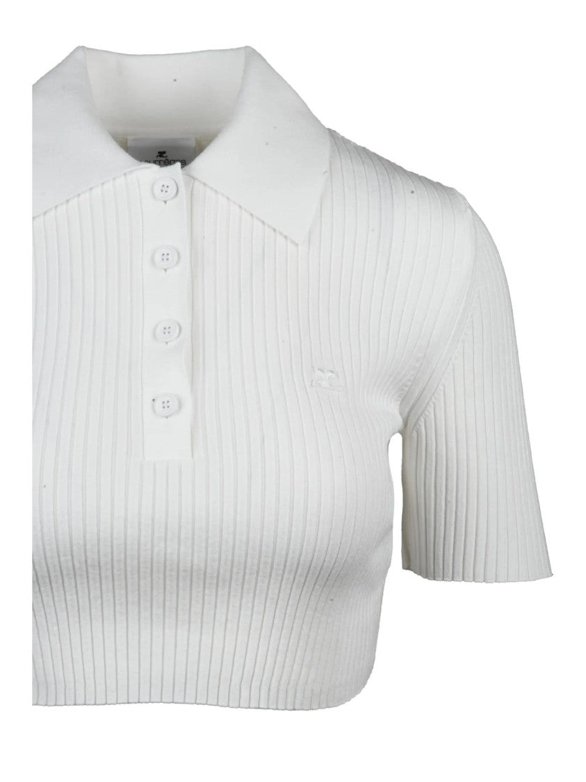 Courrèges Short Ribbed Knit Polo With Classic Collar And Button Placket