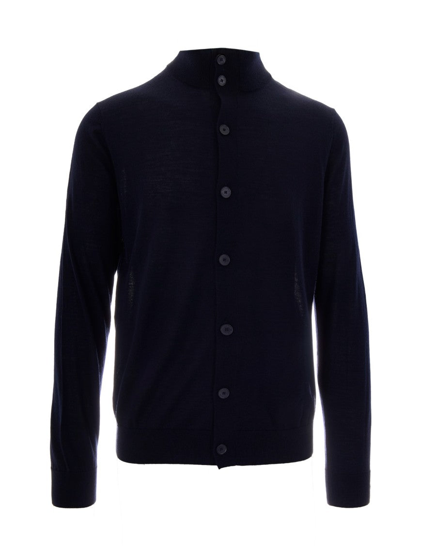 Ballantyne Navy Blue High Collar Button Wool Cardigan