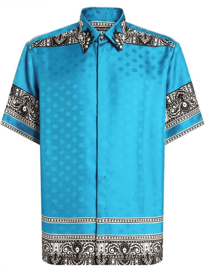 Dolce & Gabbana Cyan Blue Shirt With Monogram Print And Classic Collar