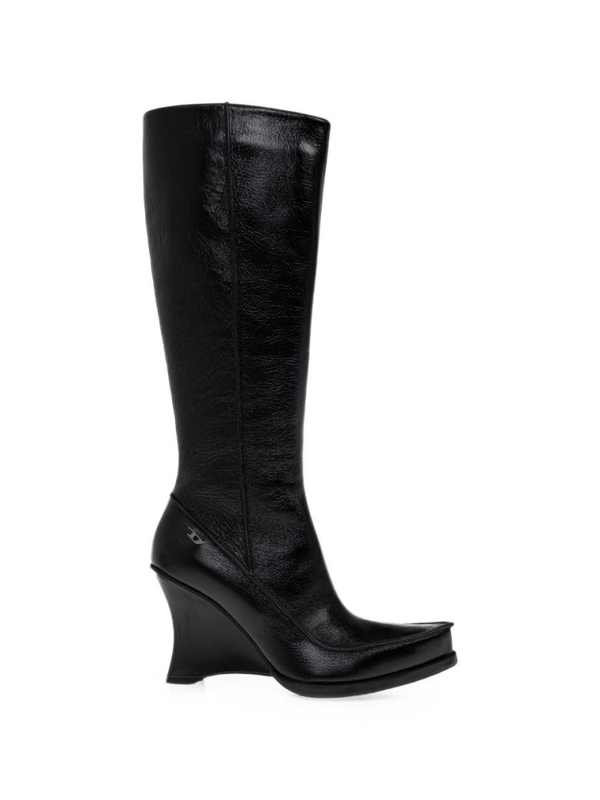 Diesel Black Glossy Sculptural Wedge Heel Silk-Nylon Blend Boots