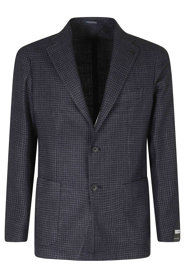 Tagliatore Blue Single-Breasted Pied-De-Poule Wool-Blend Blazer