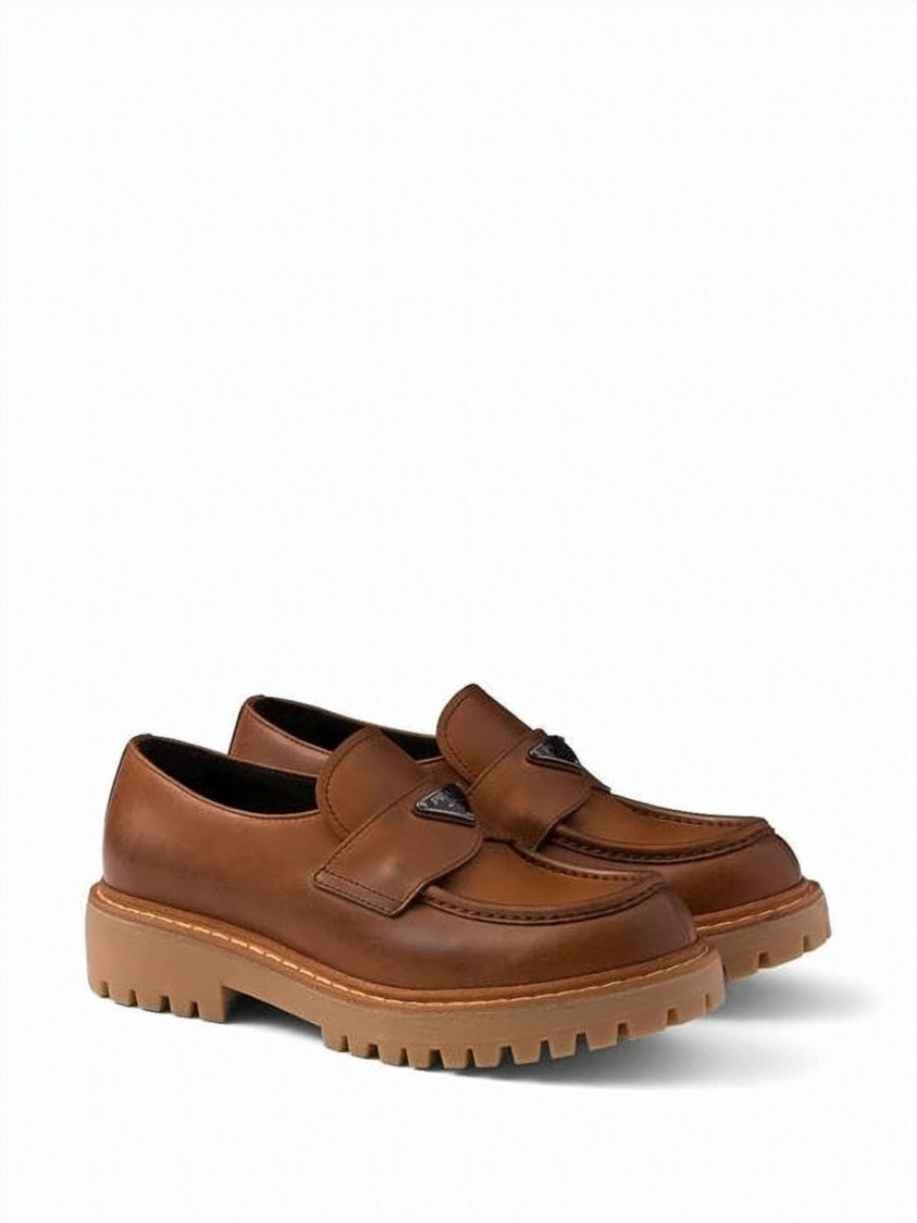 Prada Brown Calf Leather Loafers With Triangular Logo Plaque