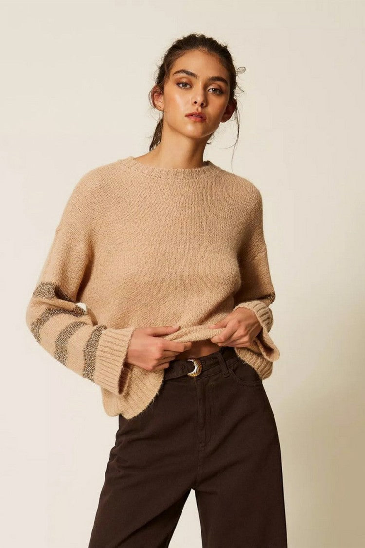 Twin-Set Camel Polyamide-Alpaca Blend Metallic-Stripe Sweater