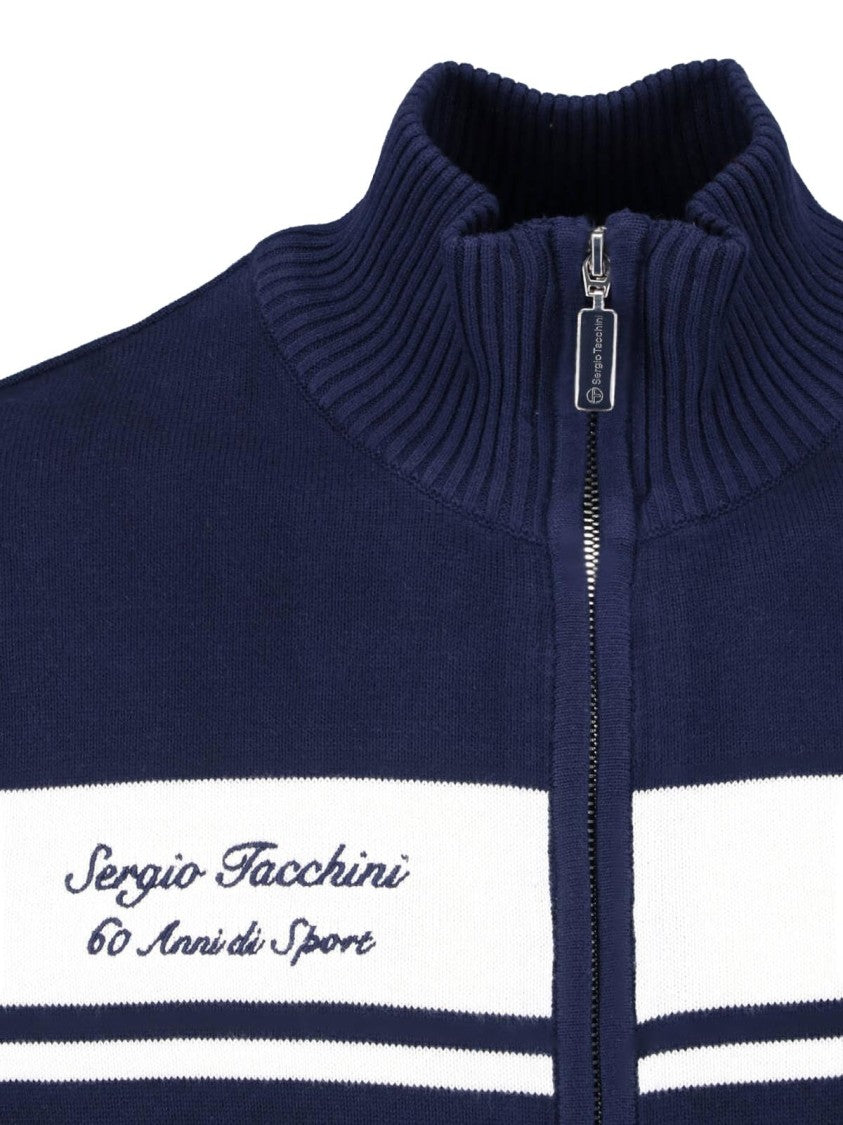 Sergio Tacchini Navy Full-Zip Stripe Detail Knit Sweater