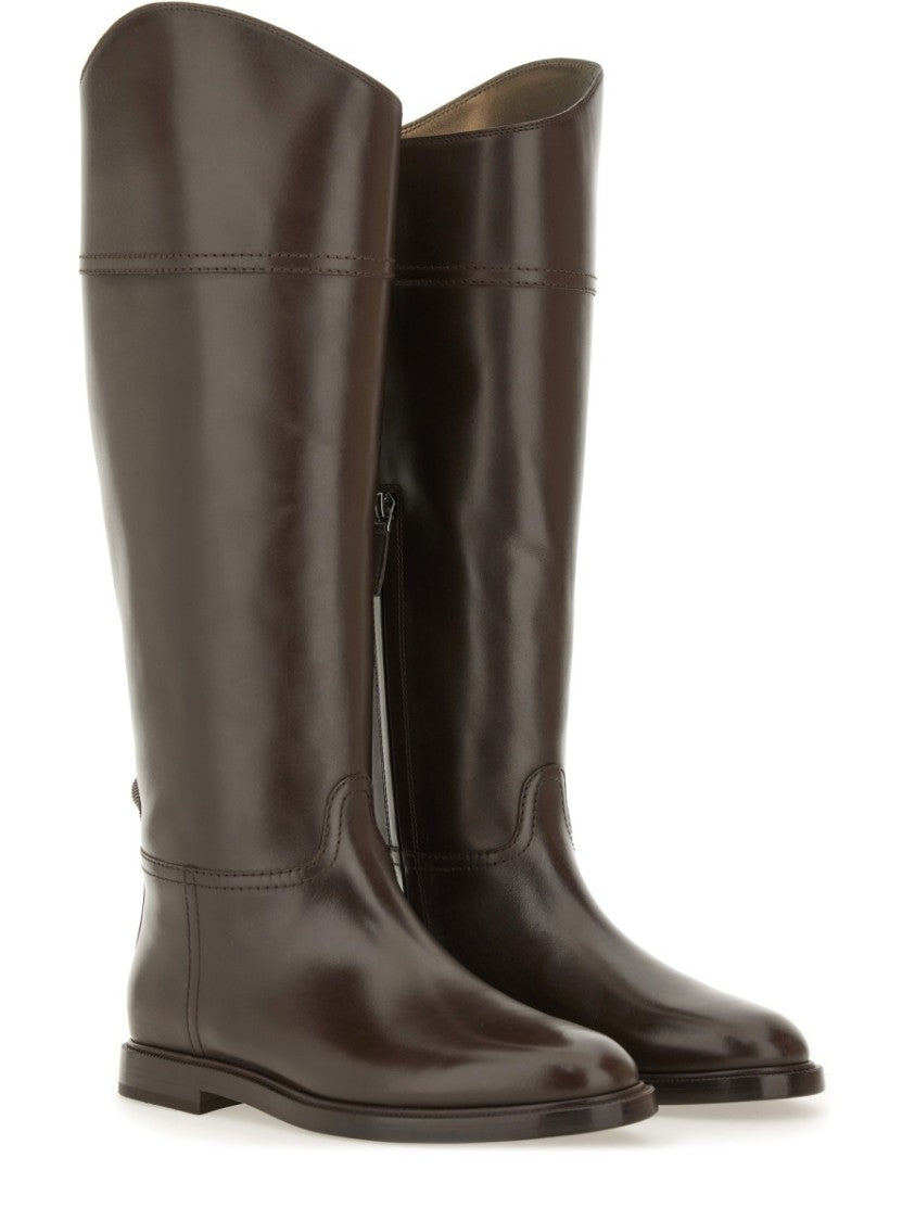 Brunello Cucinelli Polished Brown Leather Boots With Zipper Detail