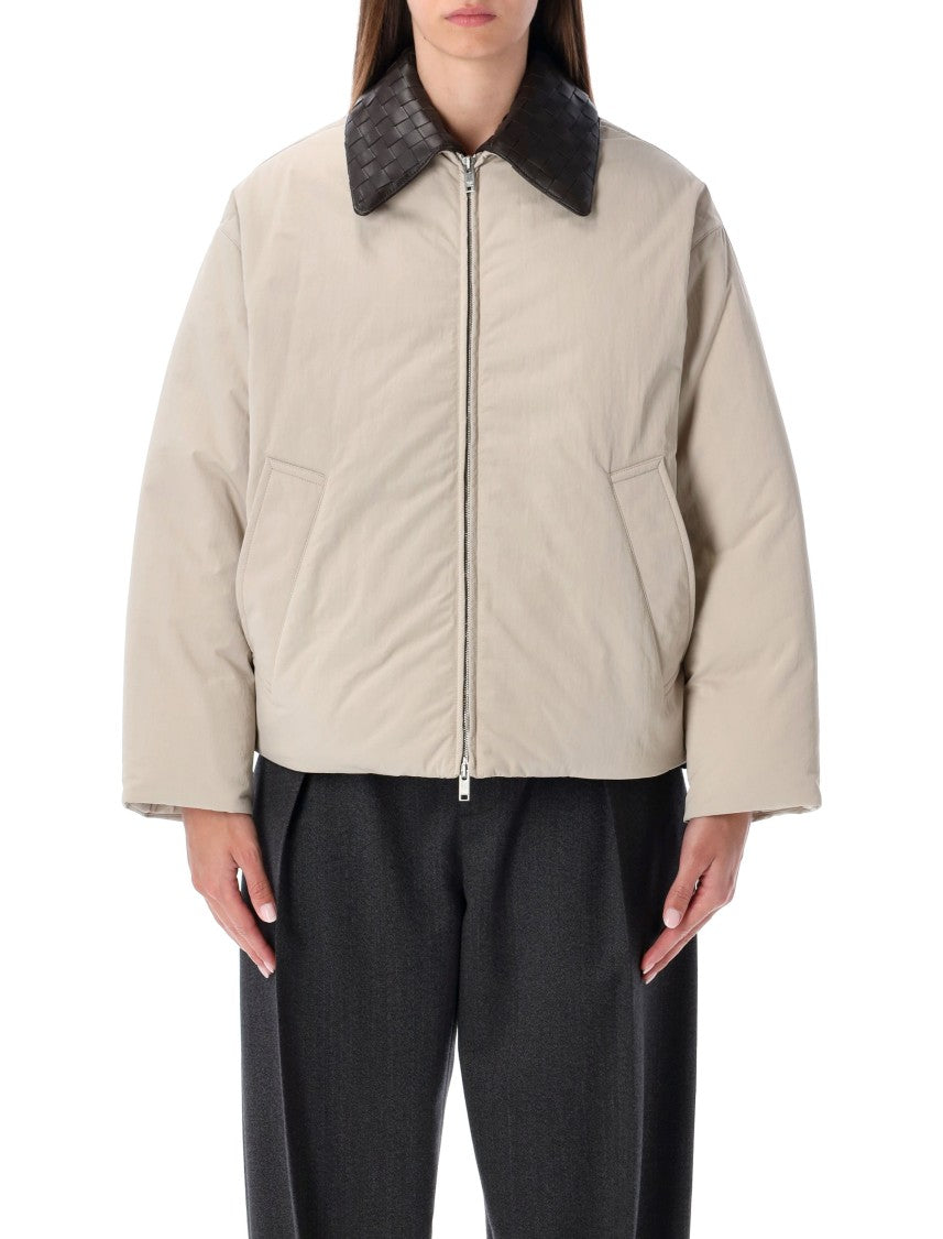 Bottega Veneta Beige Padded Bomber With Intreccio Leather Collar