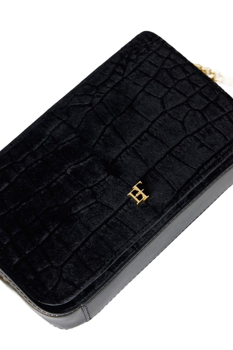 Elisabetta Franchi Black Embossed Flap Viscose-Blend Shoulder Bag
