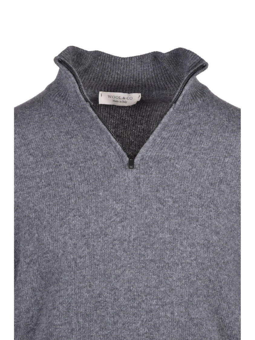 Wool & Co Grey High-Neck Zip Wool-Blend Pullover