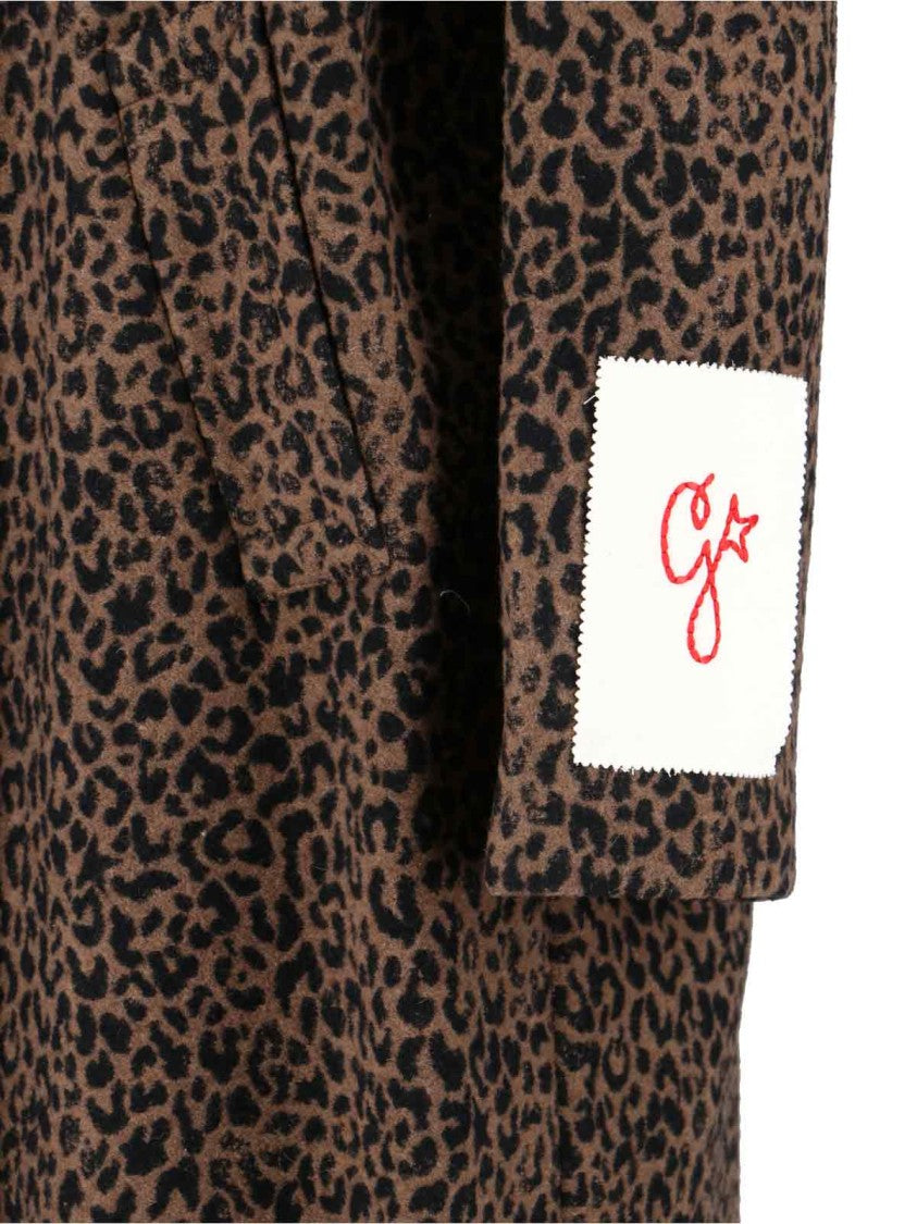 Golden Goose Cocoon Brown Wool Blend Coat With Leopard Print