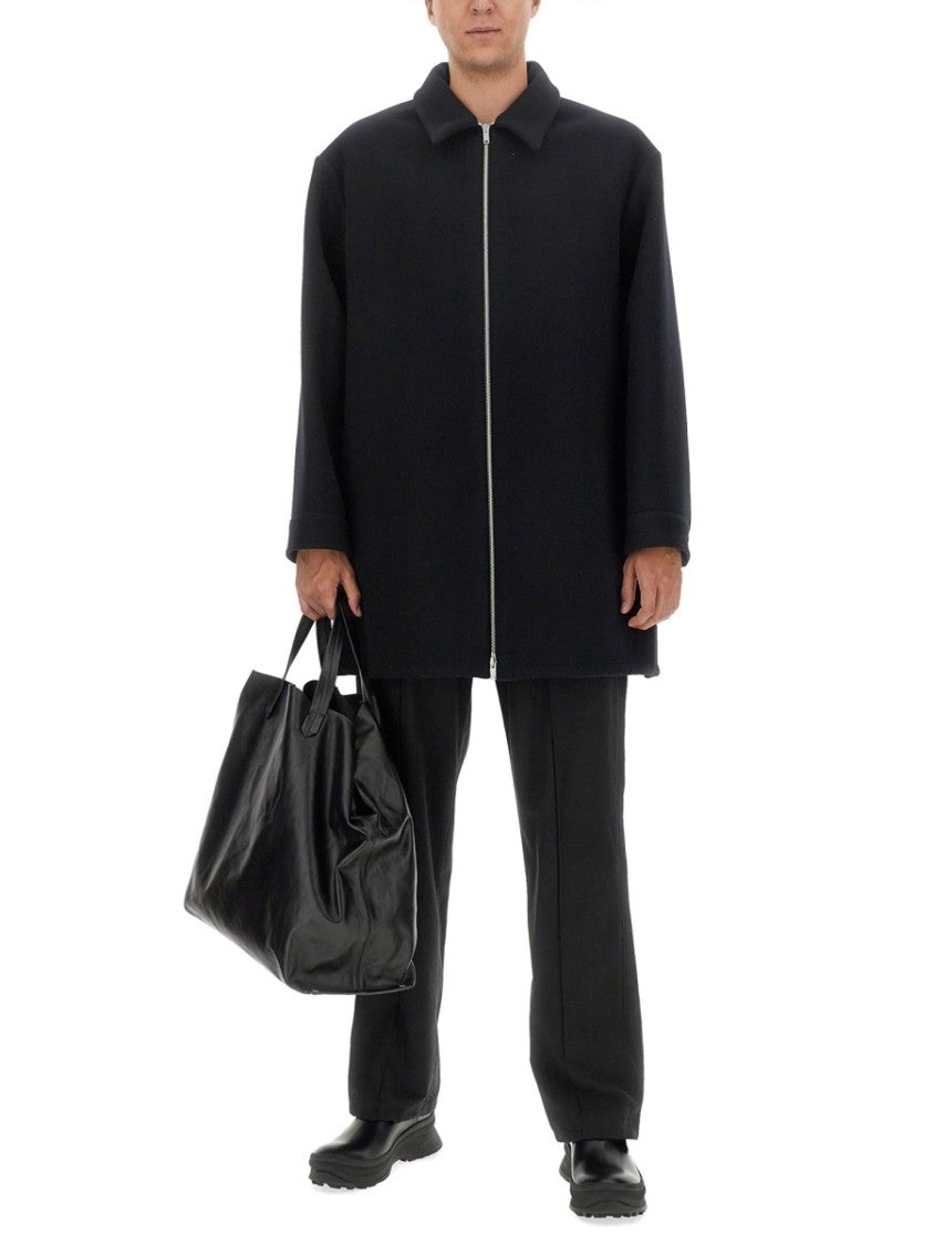 Jil Sander Black Wool Coat With Oversized Sleeves