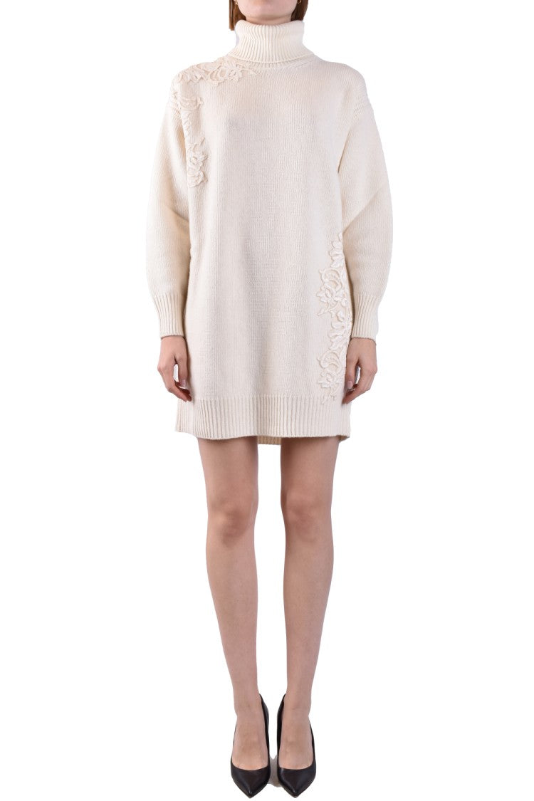 Ermanno Embroidered Turtleneck Wool Dress With Relaxed Fit And Detailing