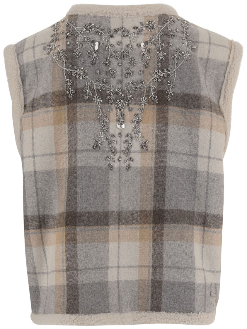 Novelle Multi-Tone Checked Vest With Floral Embroidery And Snap Closure