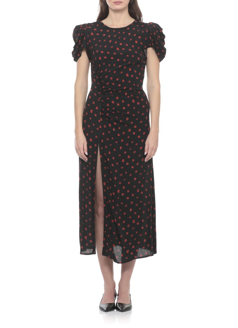 Mar De Margaritas Floral Patterned Midi Dress With Draped Front And Puffed Sleeves