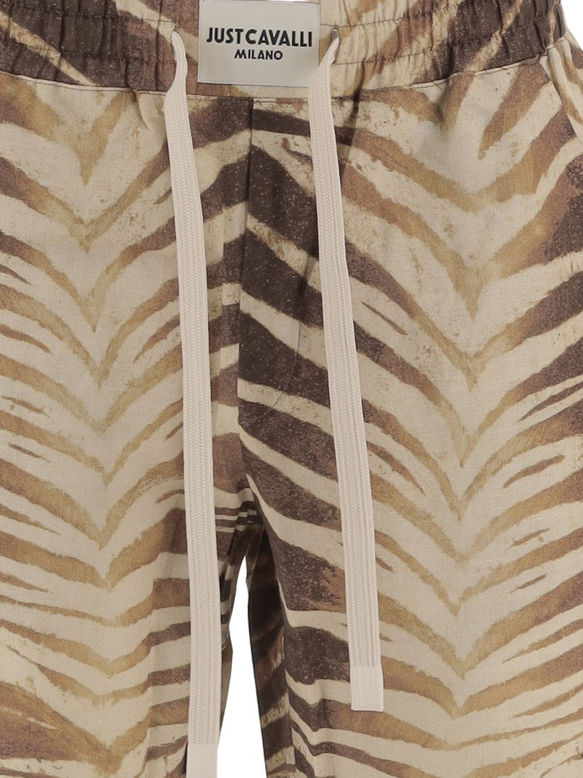 Just Cavalli Earthy-Toned Printed Cotton And Linen Shorts