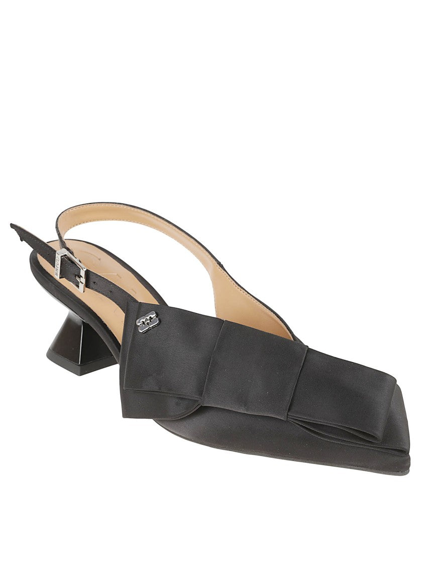 Ganni Satin Big Bow Slingback Kitten Heel Pumps