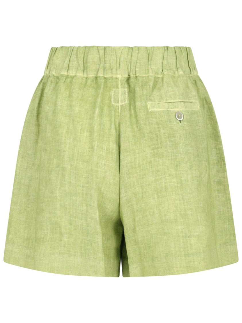 120% Lino Green Gathered Waist Linen Shorts