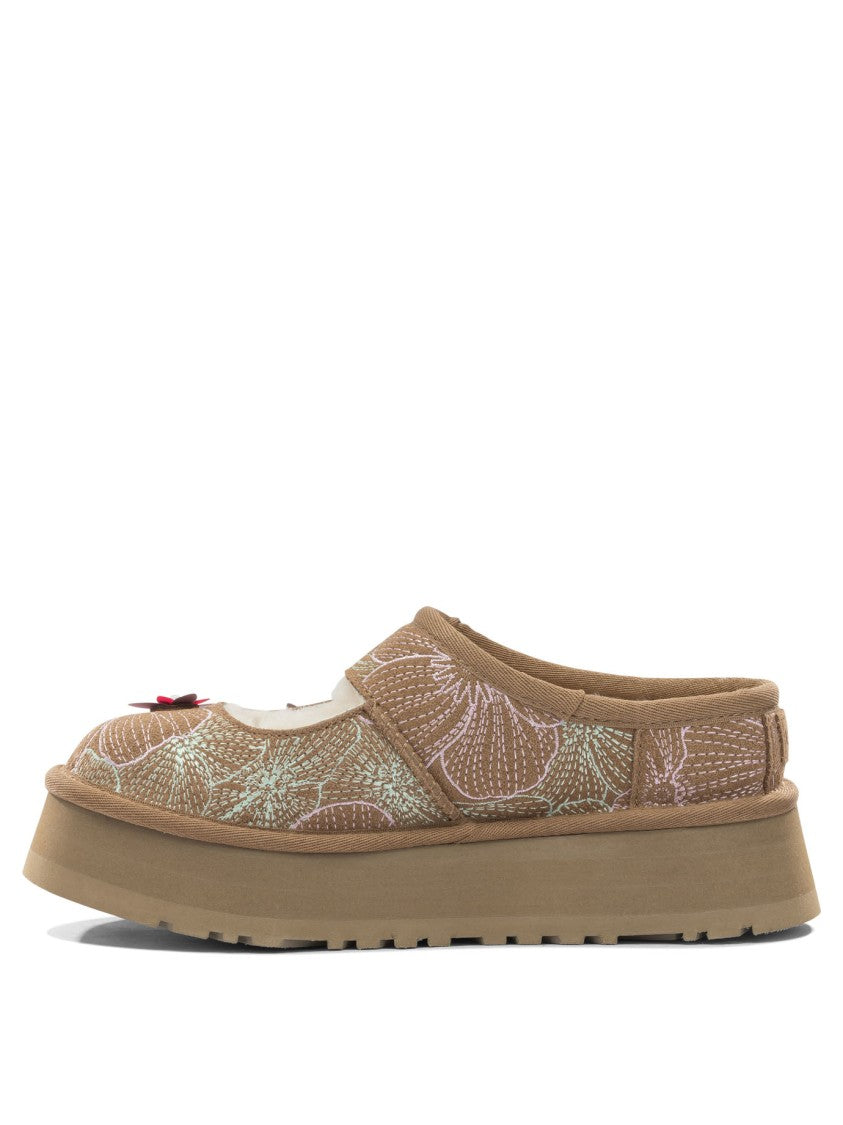 Ugg Floral-Embellished Brown Suede Ballerinas