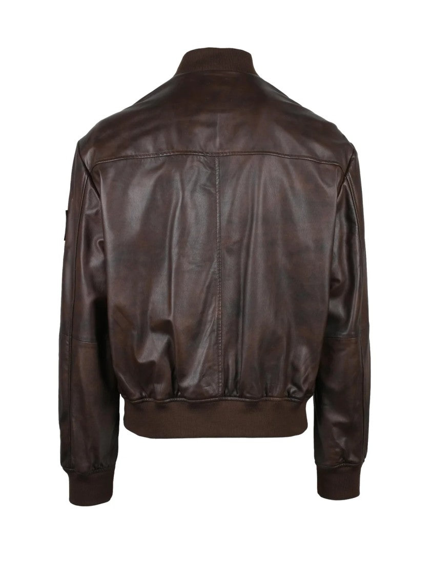 Dekker Brown Leather Jacket With Zip Closure And Ribbed Accents