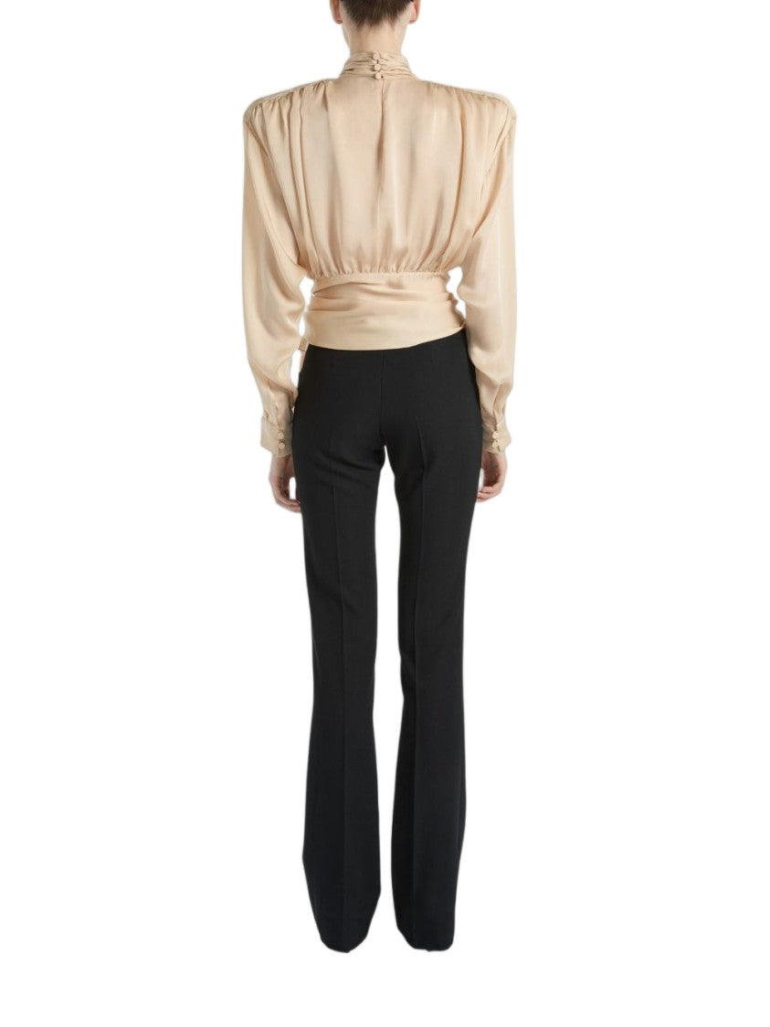 Balmain High Neck Draped Bow Long-Sleeve Blouse