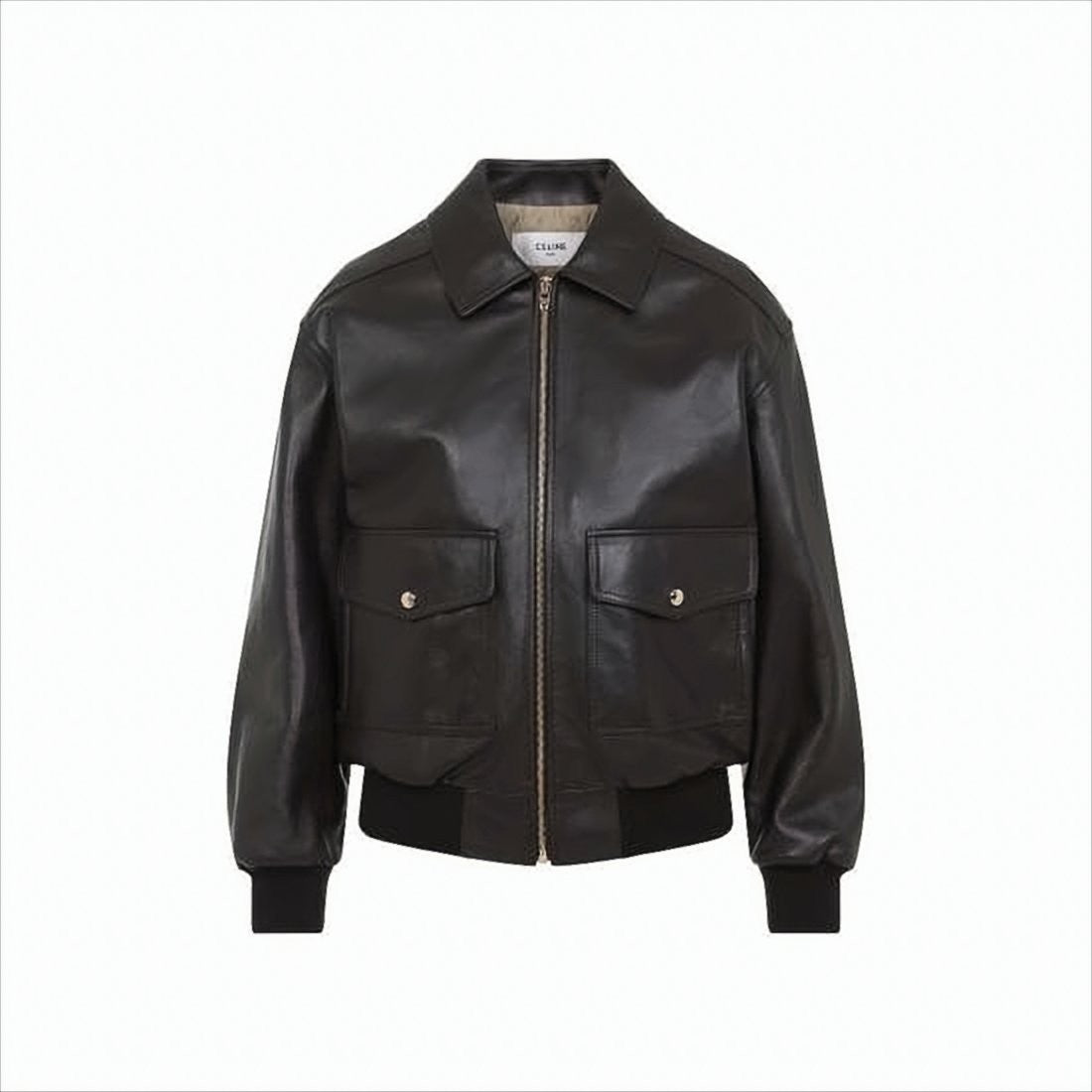 Celine Smooth Lambskin Leather Jacket With Classic Collar And Ribbed Finish