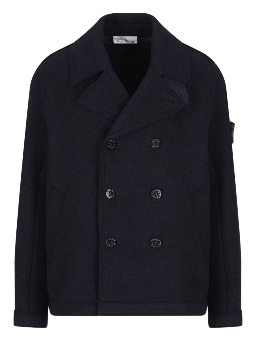 Stone Island Double-Breasted Blue Coat With Structured Collar